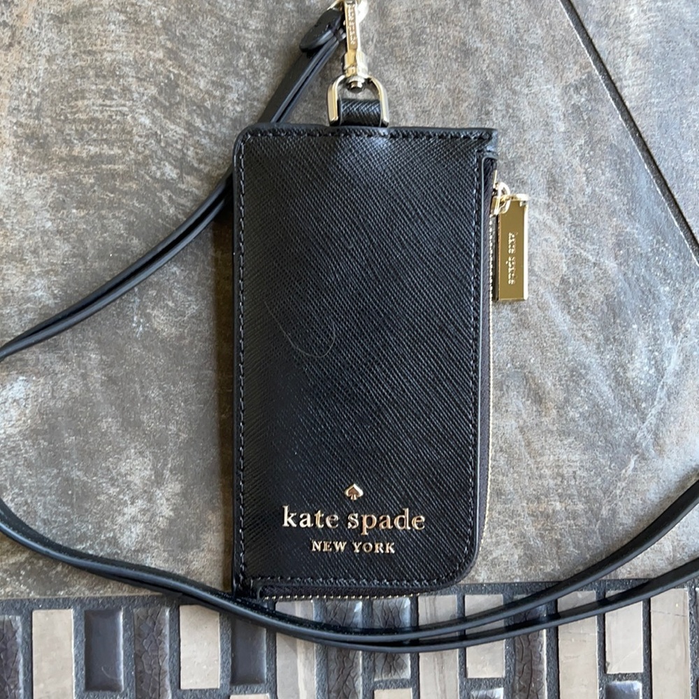 Kate Spade Card Case Lanyard Saffiano Leather Black NWT